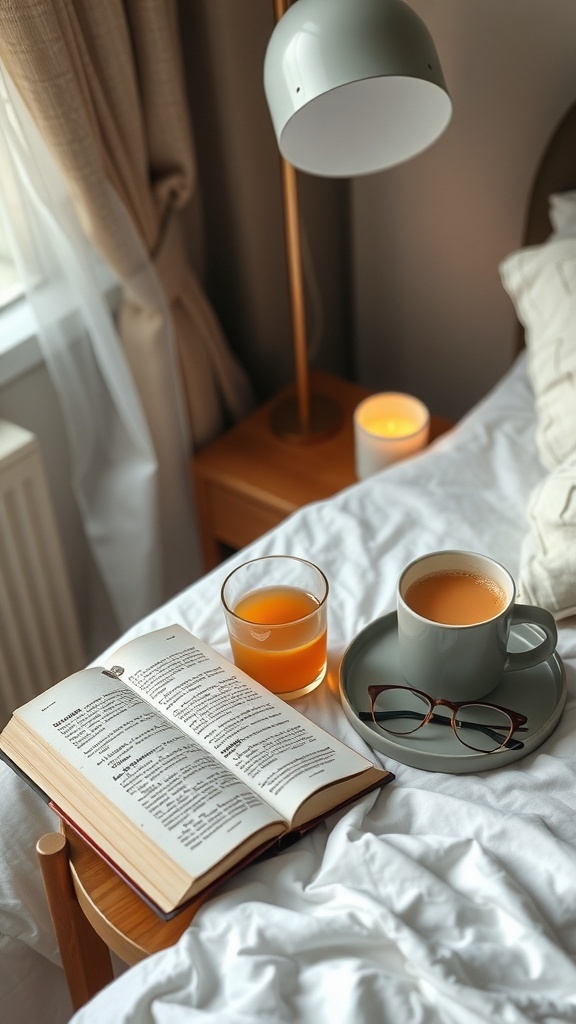 A cozy bedside setup with a book, glasses, a candle, and a plant.