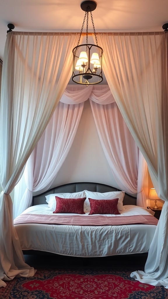 A cozy canopy bed with soft drapes and warm lighting, creating an inviting atmosphere.