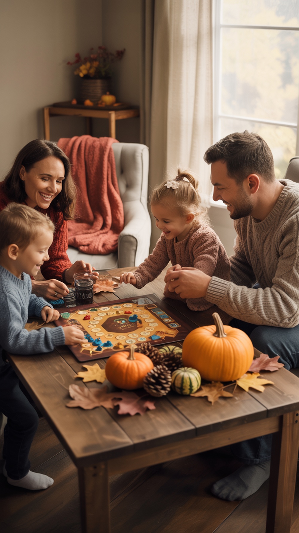 A cozy family game night with members wrapped in blankets, playing board games around a table decorated with autumn elements.