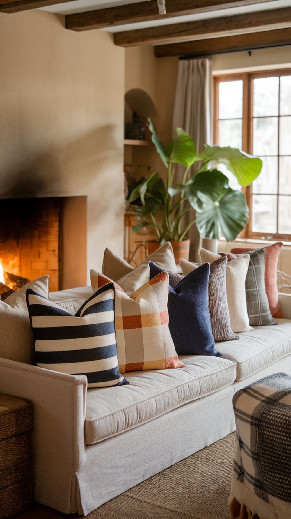 A cozy living room with a sofa adorned with various felt throw pillows in different colors and patterns.