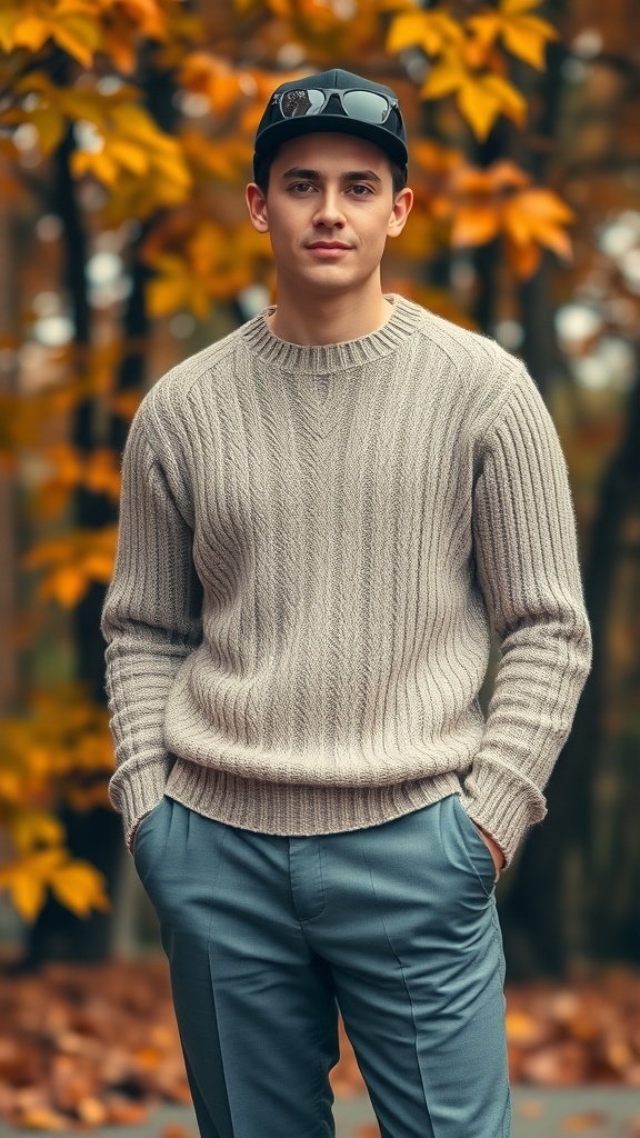 A young man wearing a cozy knit sweater and tailored trousers, standing outdoors with autumn leaves in the background.