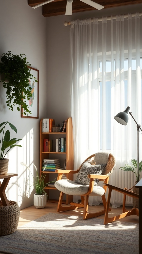 A cozy office nook with a comfortable chair, bookshelves, and plants.