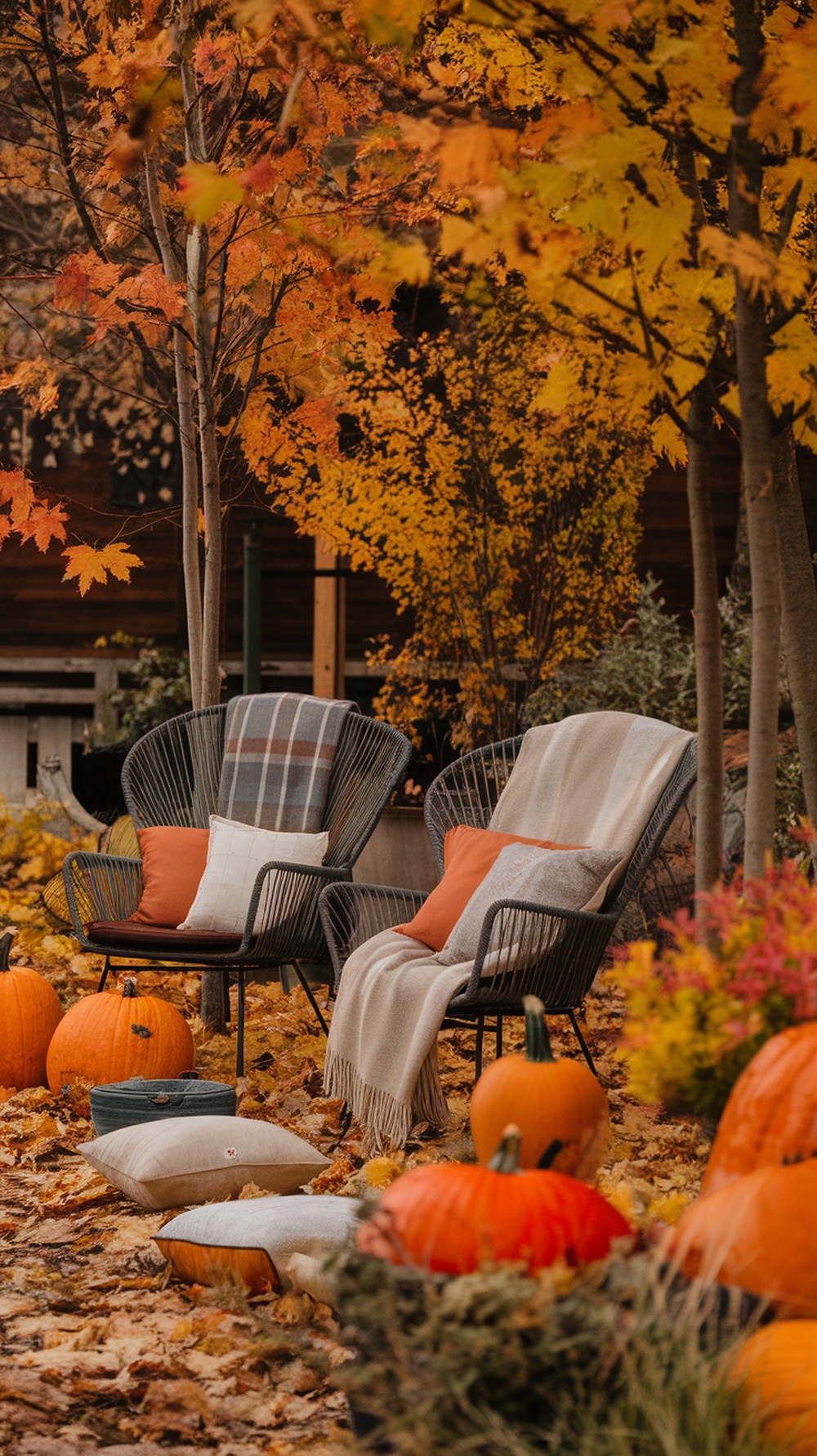 Cozy outdoor seating area with two chairs, pumpkins, and autumn leaves