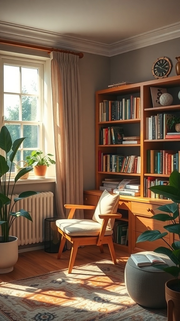 A cozy reading nook with a comfortable chair, bookshelf, and plants, illuminated by sunlight.