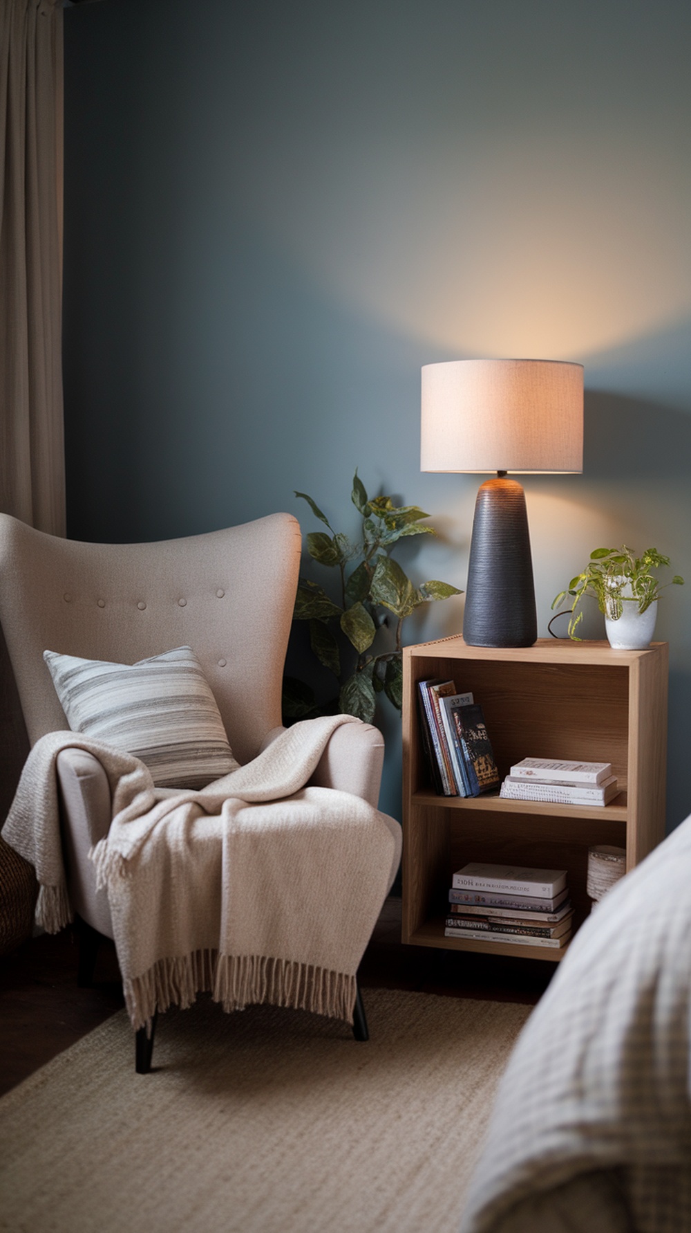 Cozy reading nook with a soft chair, lamp, and wooden side table with books and a plant.