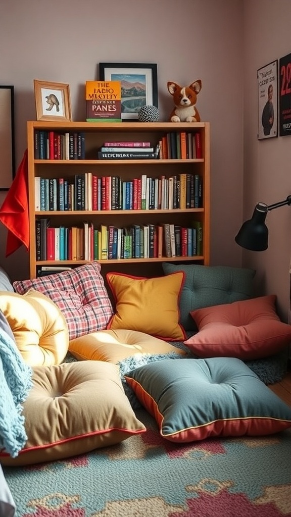 A cozy reading nook with colorful floor cushions and a bookshelf filled with books.