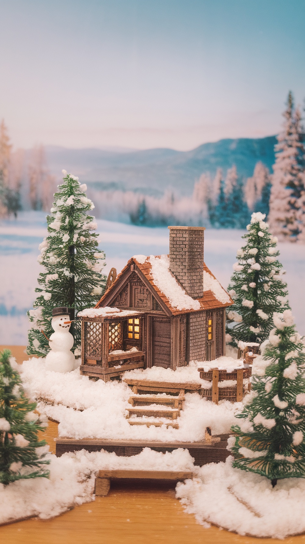 Miniature winter cabin scene with snowman and trees