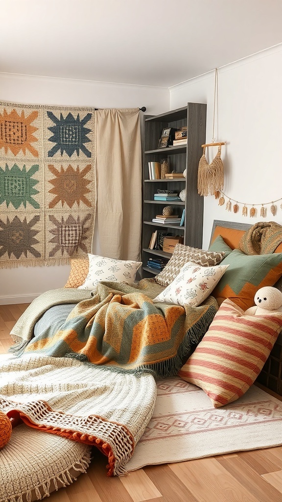 A cozy bedroom with layered textiles, including blankets, pillows, and a woven rug.