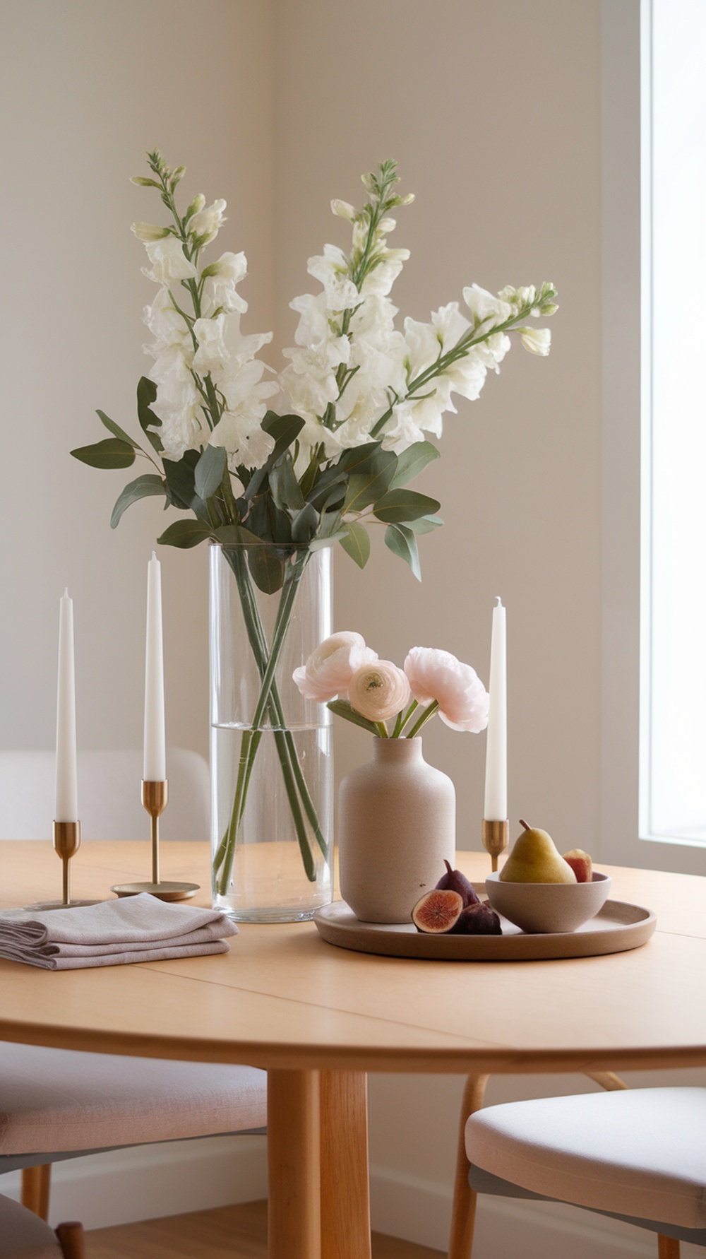 A beautifully arranged table centerpiece featuring candles, flowers, and decorative items.