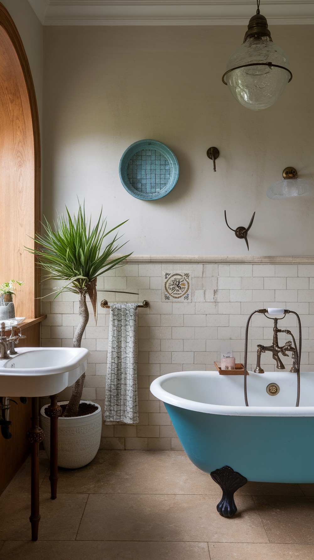 A vintage-inspired bathroom featuring a blue clawfoot tub, wooden accents, and decorative wall pieces.