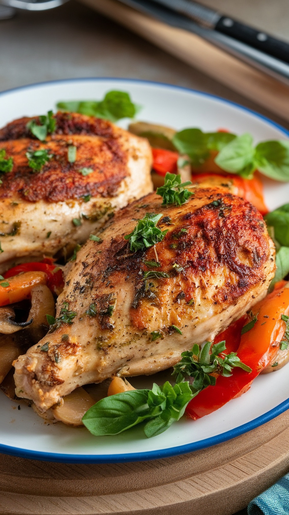 Plate of creamy garlic Tuscan chicken with colorful peppers and herbs