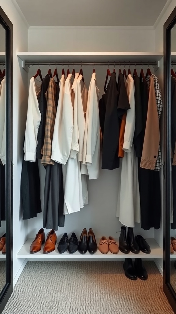 A neatly organized closet showcasing a selection of shirts and shoes, illustrating a capsule wardrobe.