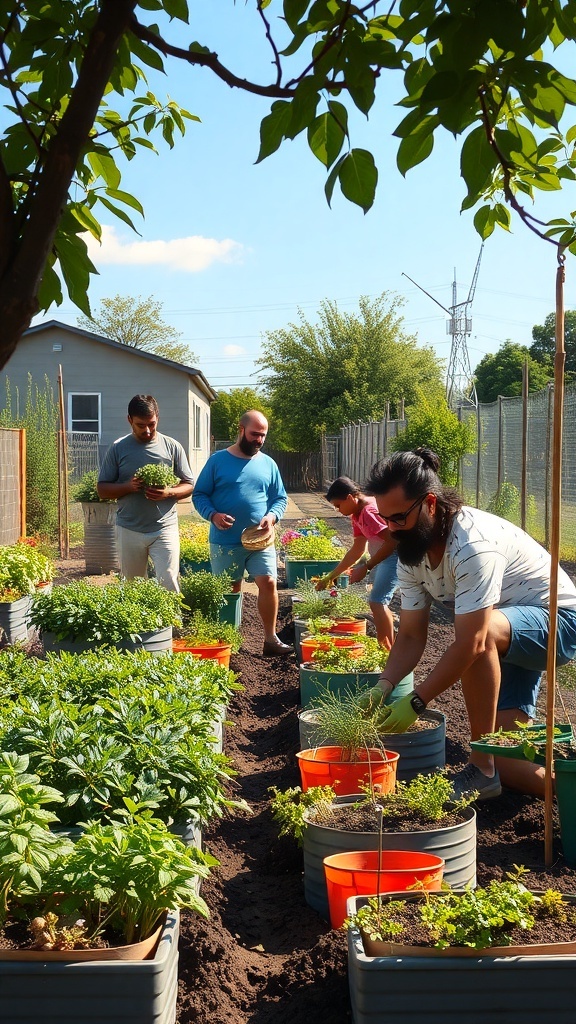 A group of people tending to a community garden filled with various herbs and vegetables.