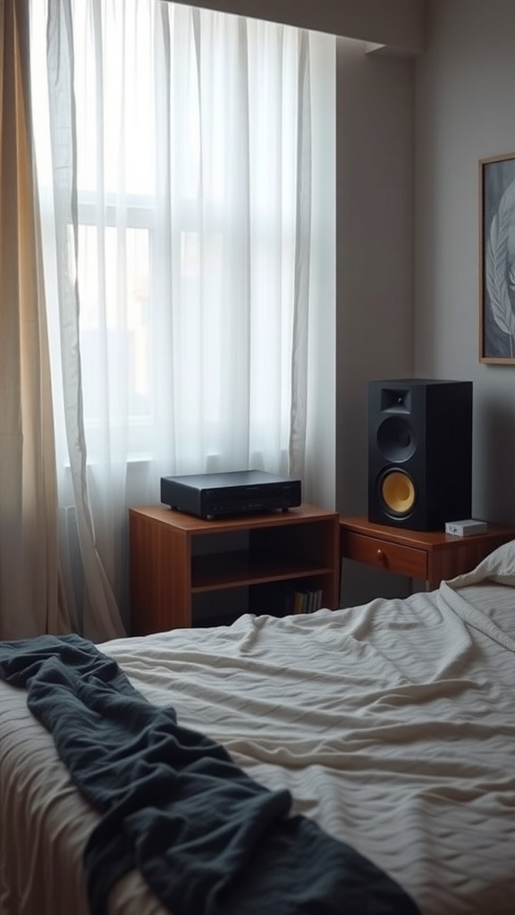 A cozy bedroom setup featuring a sound system next to a window with soft curtains.