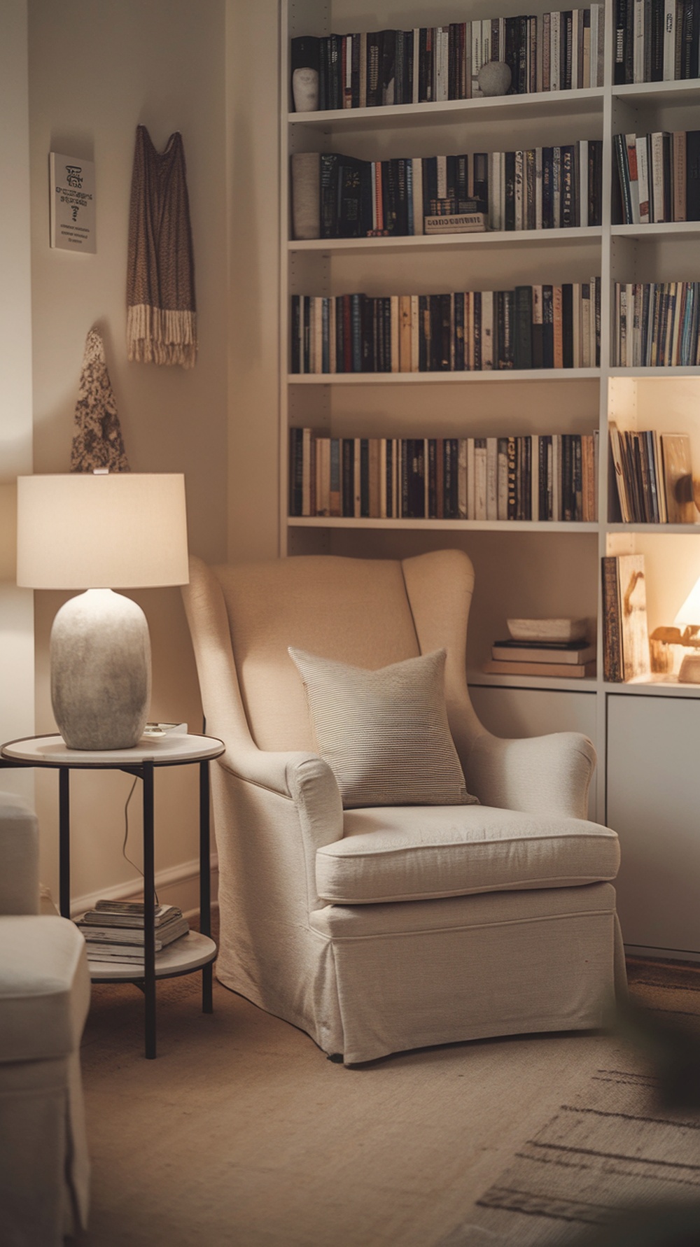 A cozy reading nook featuring a comfortable armchair, a lamp, and a bookshelf filled with books.