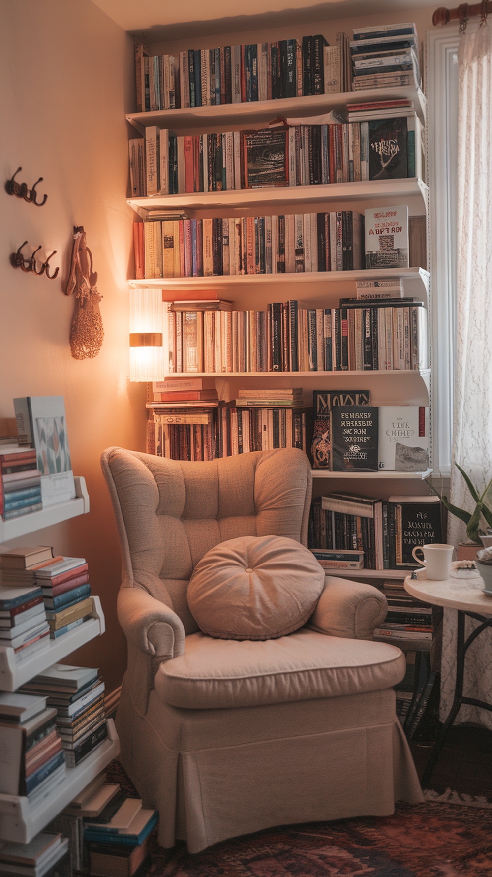 A cozy reading nook with a comfortable chair, bookshelves filled with books, and a warm light.