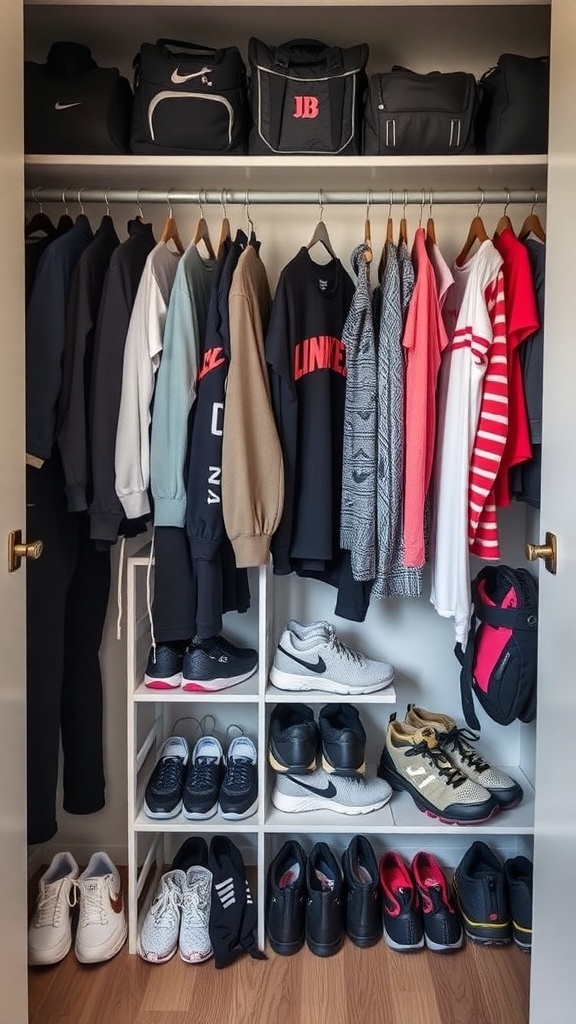 Organized closet with workout gear, including clothes and shoes.