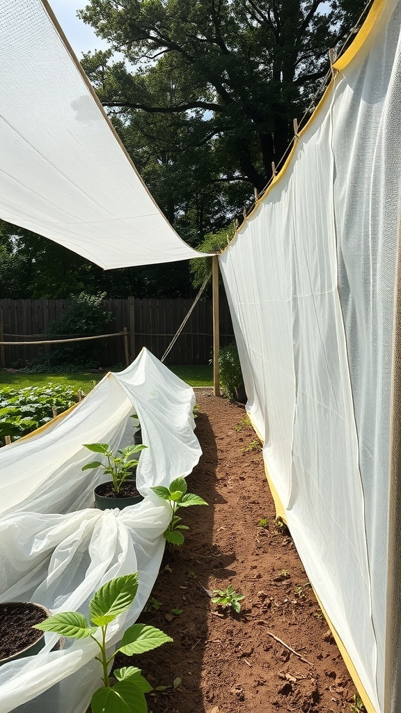 A garden area with shade cloths, featuring rows of green plants and a clear path.
