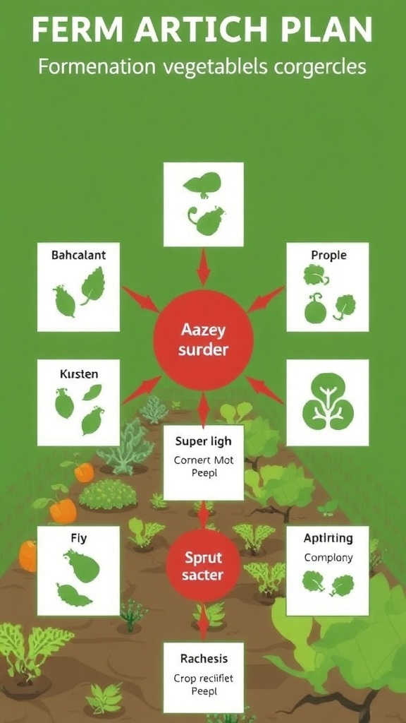 A garden with various fermentation crops and an illustration of a crop rotation plan.