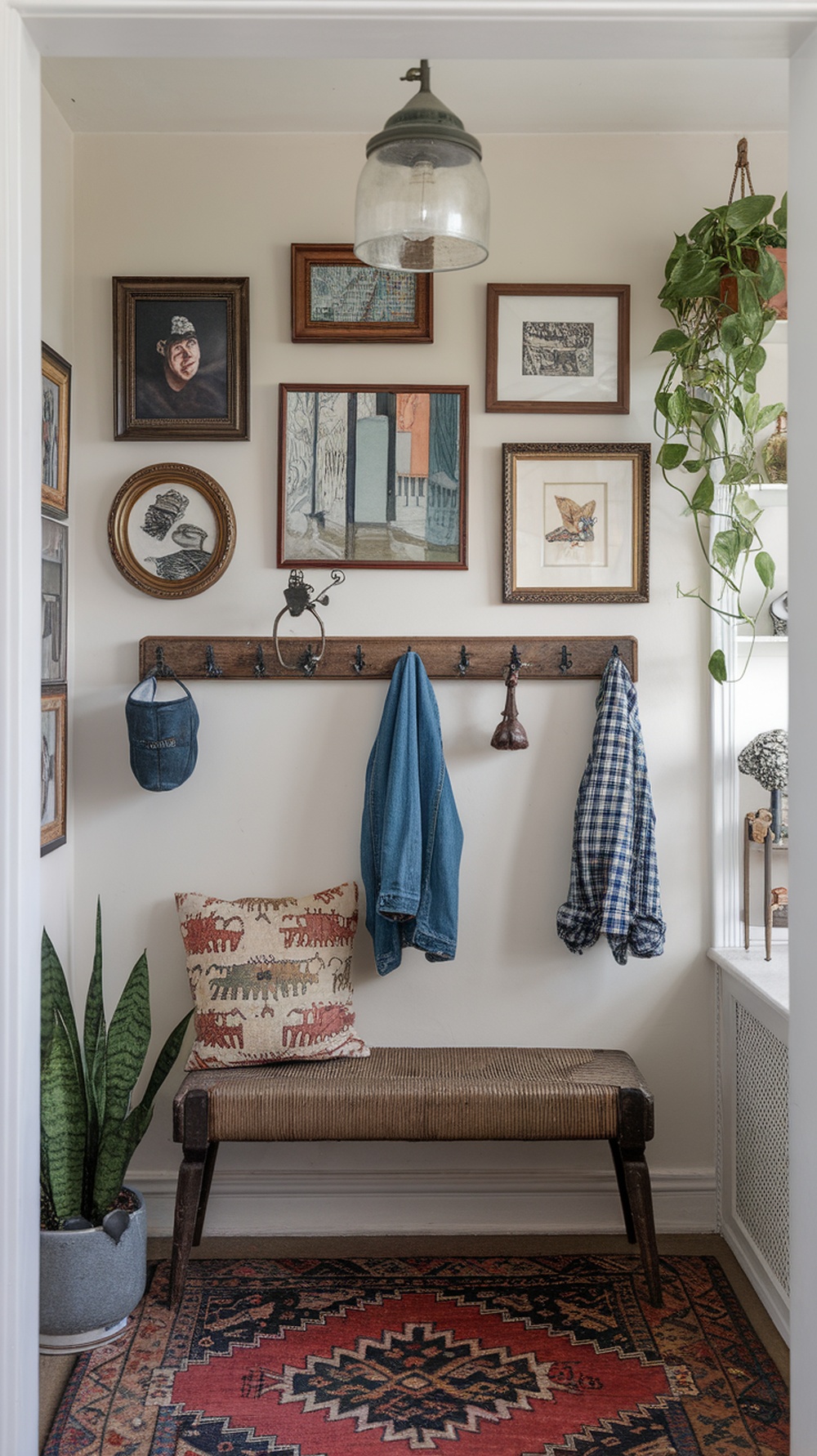 A cozy entryway with eclectic decor, featuring a bench, wall art, and plants.