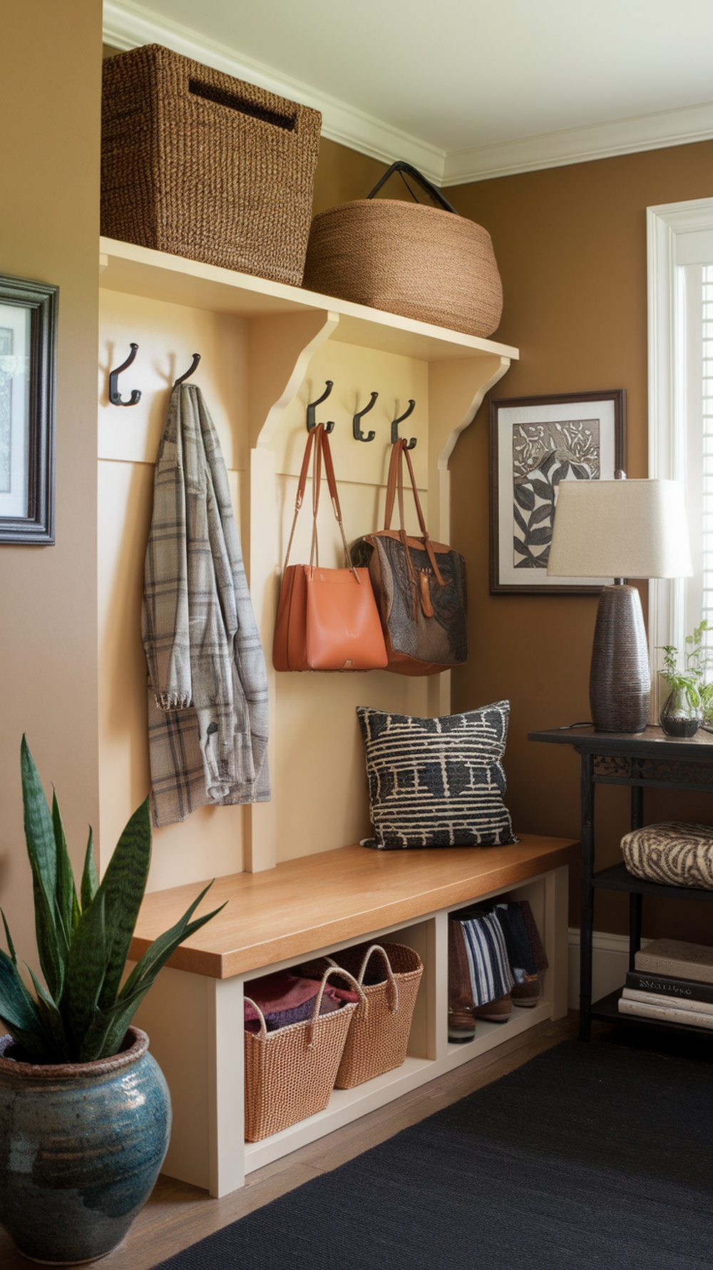 A functional entryway with hooks, baskets, and a cozy bench.