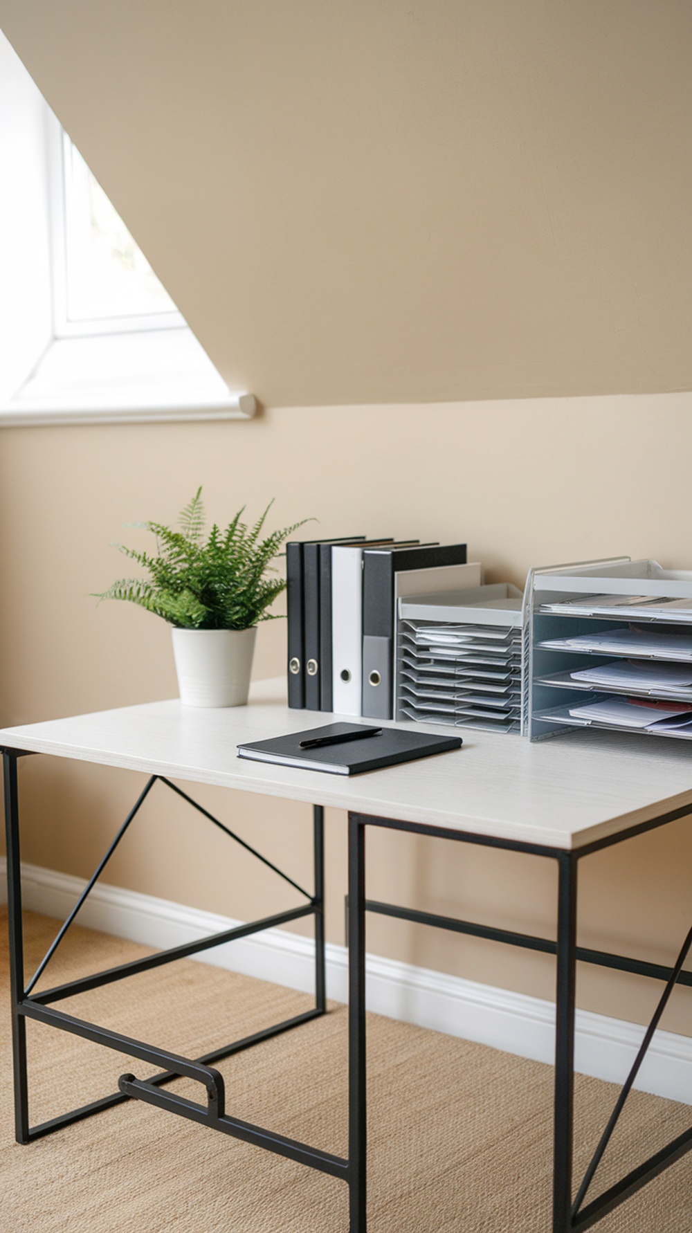 A clean and organized home office desk with folders, a plant, and a notebook.