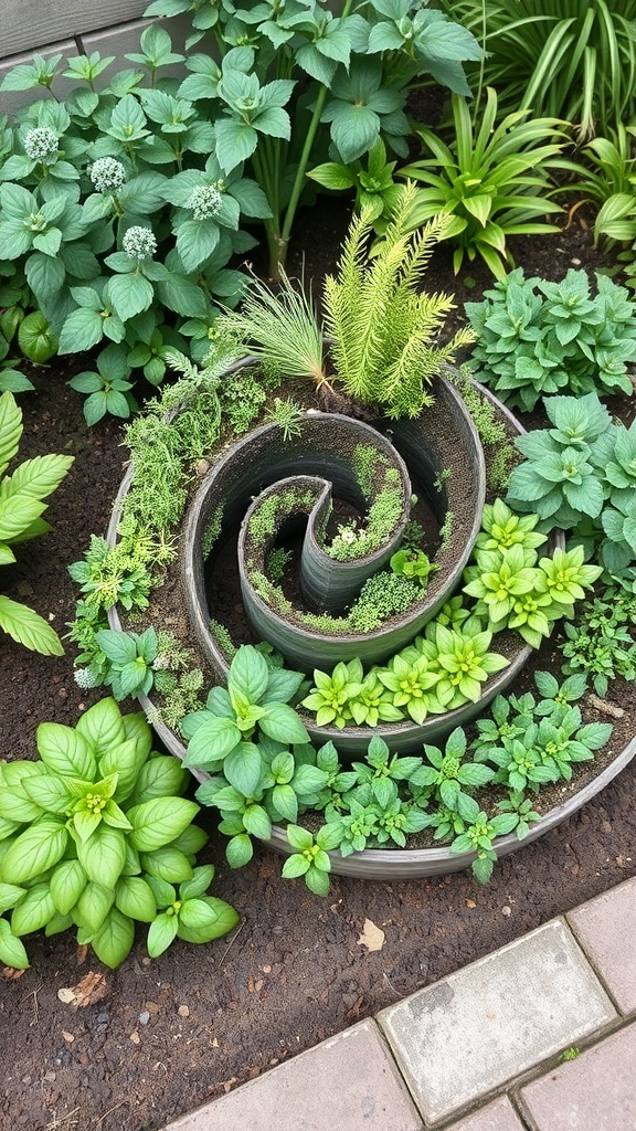 A spiral herb garden filled with various green herbs, showcasing a creative gardening idea.