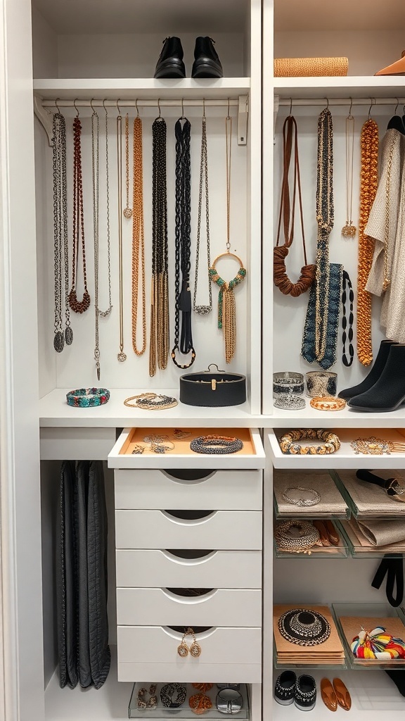 A well-organized jewelry section in a closet with necklaces hanging, drawers for accessories, and decorative boxes.