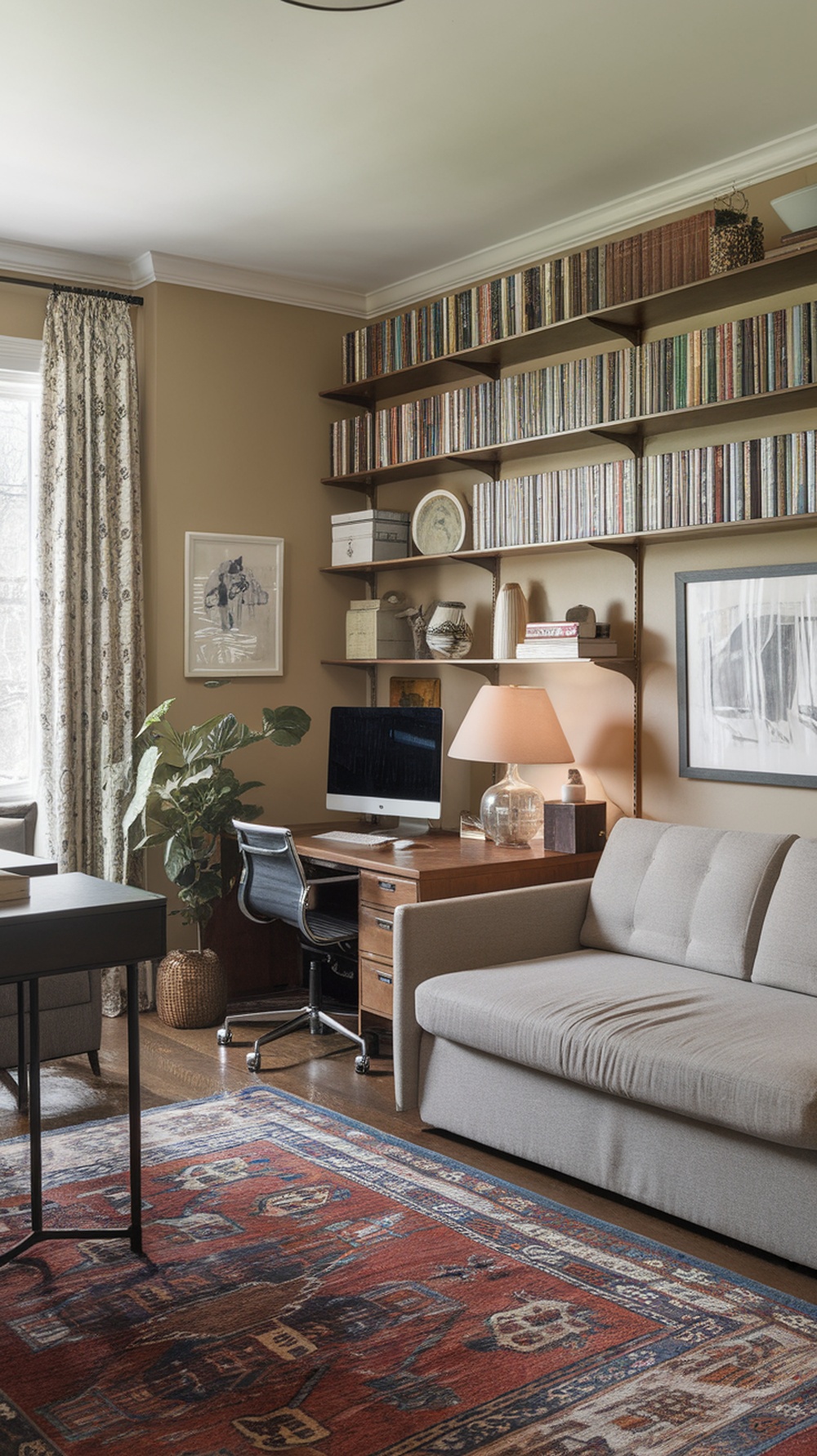 Cozy multi-functional living space with a desk, sofa, and decorative elements.