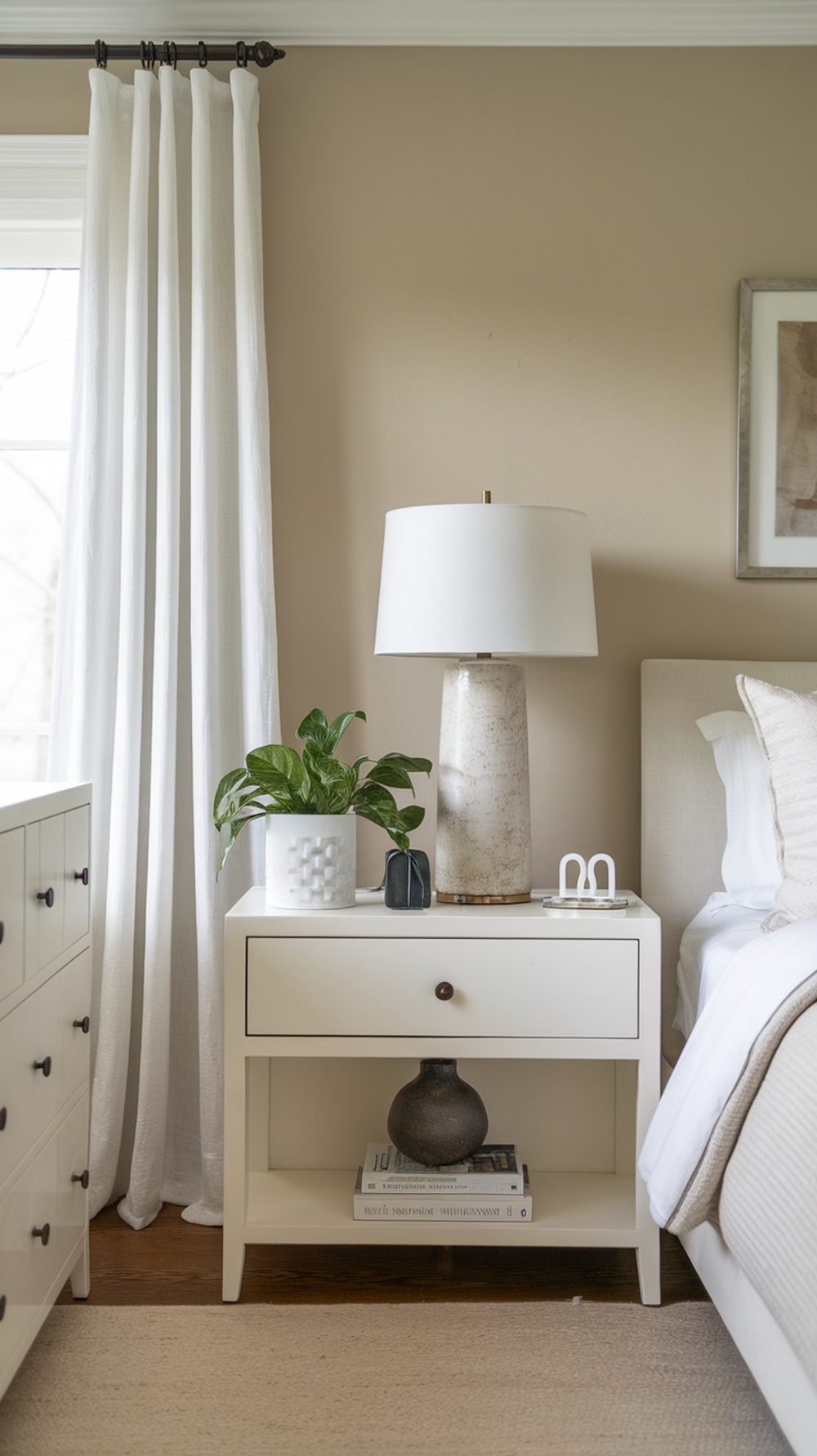 A serene bedroom scene featuring a bedside table with a lamp, plant, and neatly organized items.