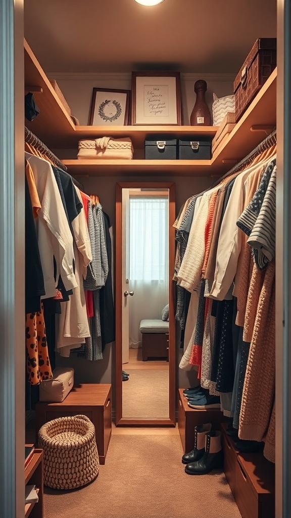 A well-organized closet with clothes hanging neatly, a mirror, and decorative items.