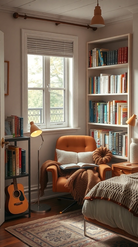 A cozy reading nook featuring an orange chair, bookshelves filled with books, a guitar, and a warm light.