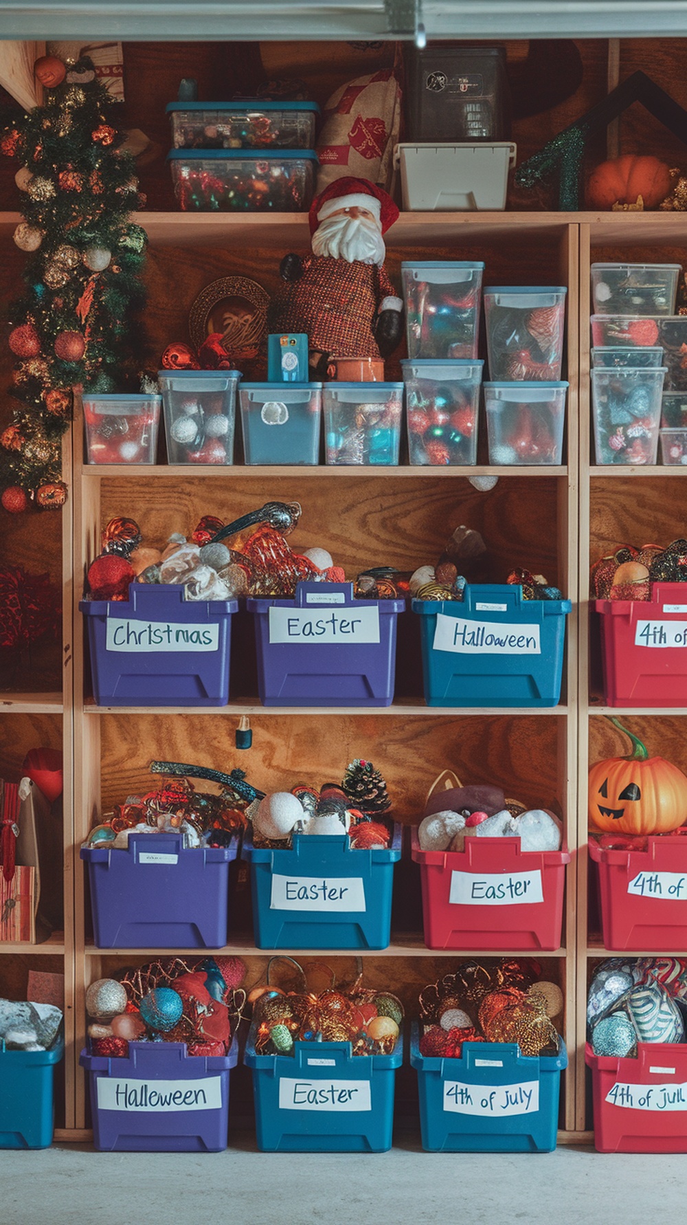 Organized storage area with labeled bins for seasonal decorations
