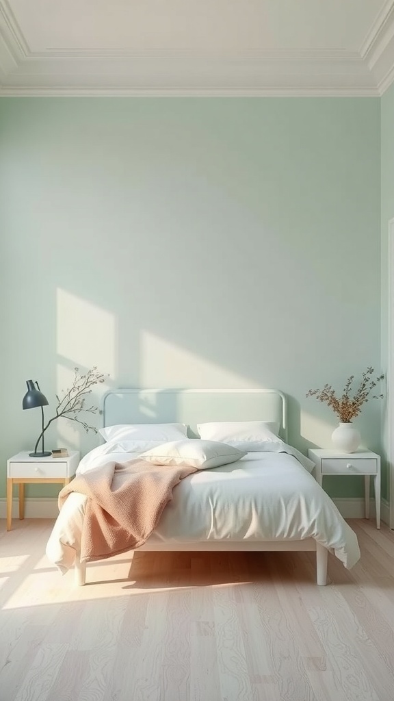 A serene bedroom with light green walls, white bedding, and a soft pink throw.