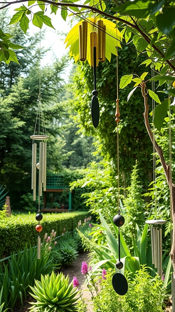 A collection of wind chimes hanging from a tree in a lush garden