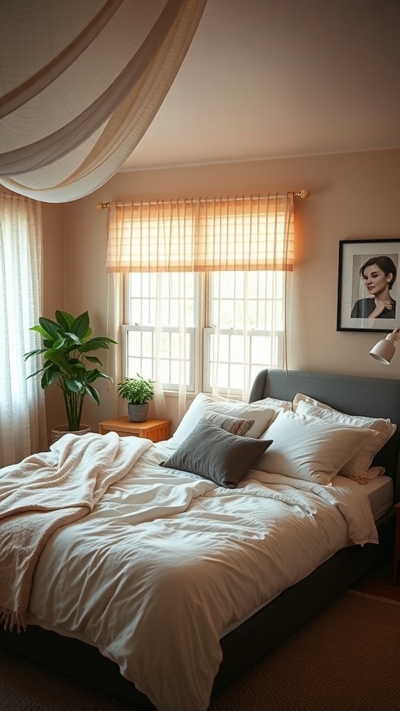 A cozy bedroom with soft lighting, a comfortable bed, and plants, creating a serene atmosphere.