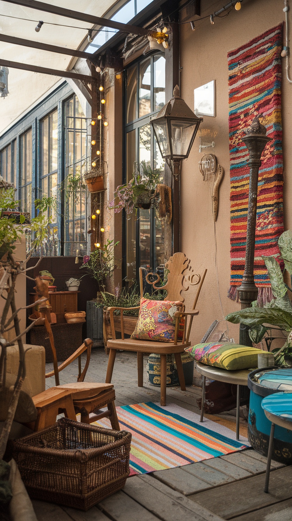 A cozy outdoor space with eclectic decor, featuring colorful cushions, plants, and warm lighting.