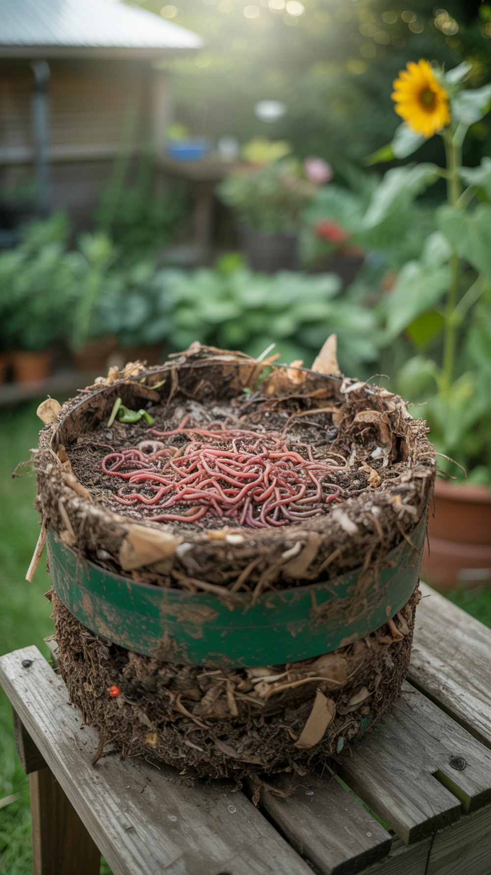 A worm bin filled with red and black worms, surrounded by organic matter.