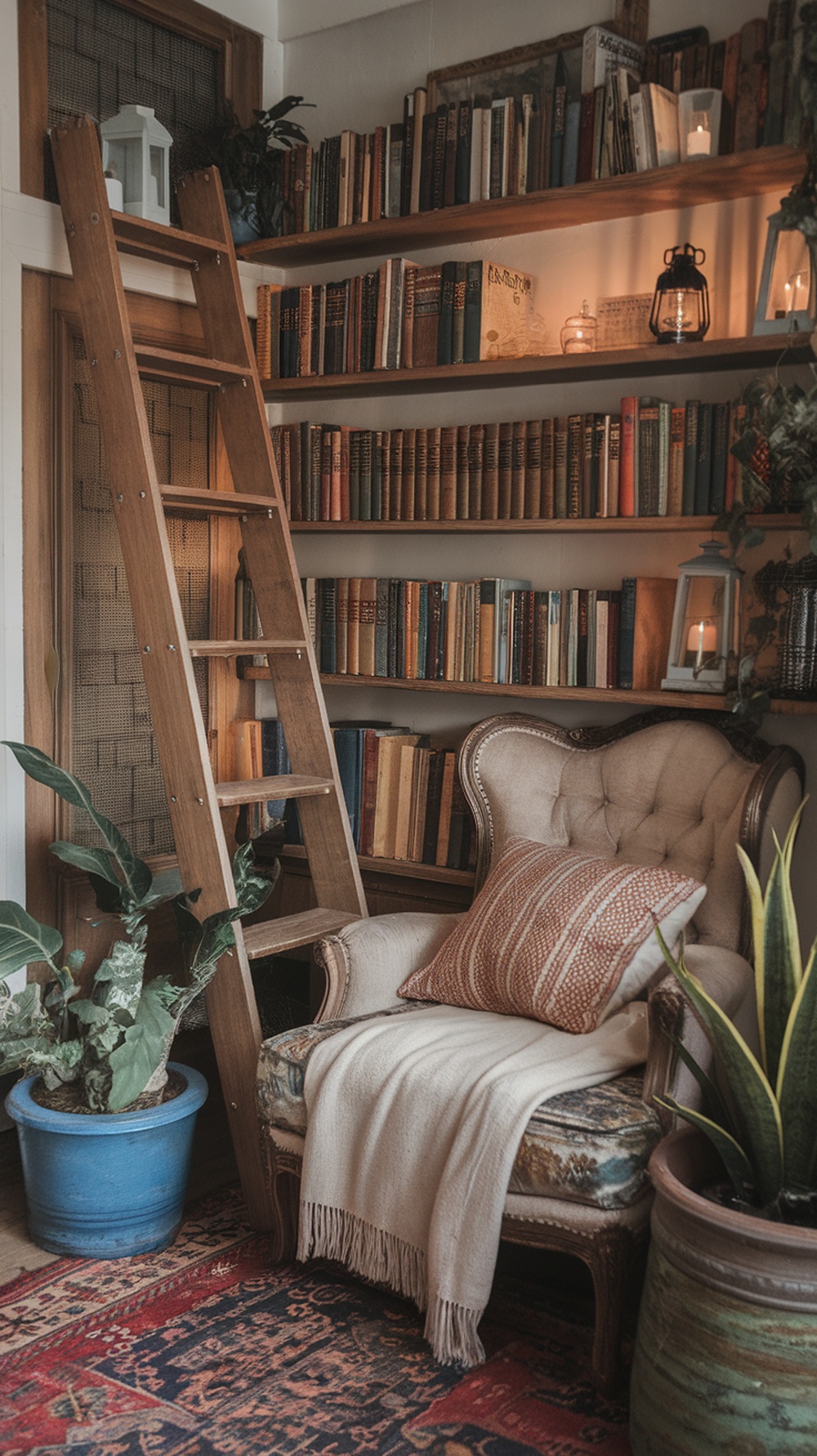 A cozy reading corner featuring a vintage armchair, a wooden ladder against a bookshelf filled with books, plants, and warm lighting.