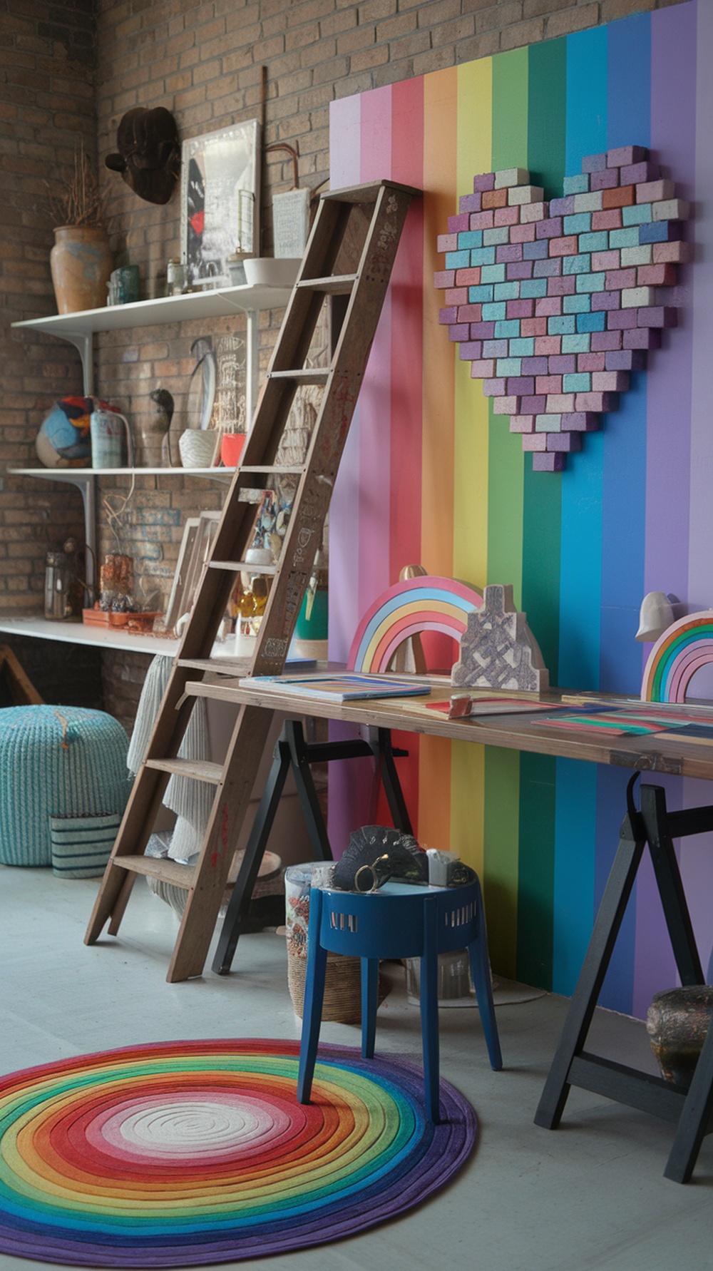 A colorful DIY creative space with a rainbow wall, heart-shaped brick art, and playful decor.