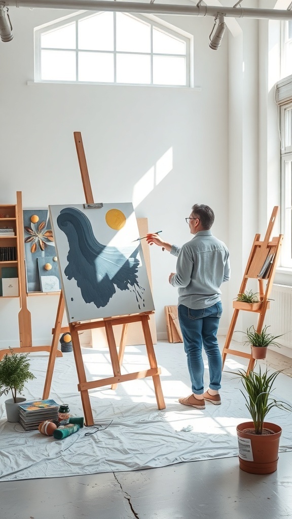 A person painting in a bright studio with plants and art supplies.