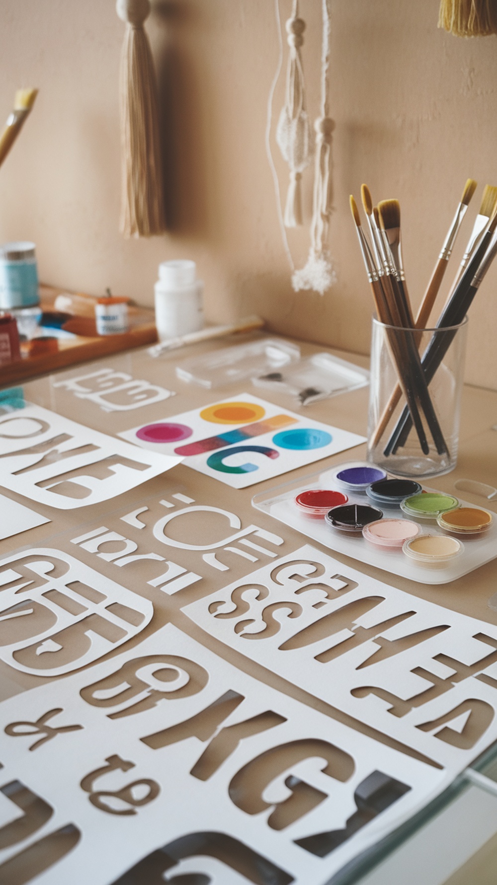 A creative workspace featuring paper stencils, colorful paints, and brushes.