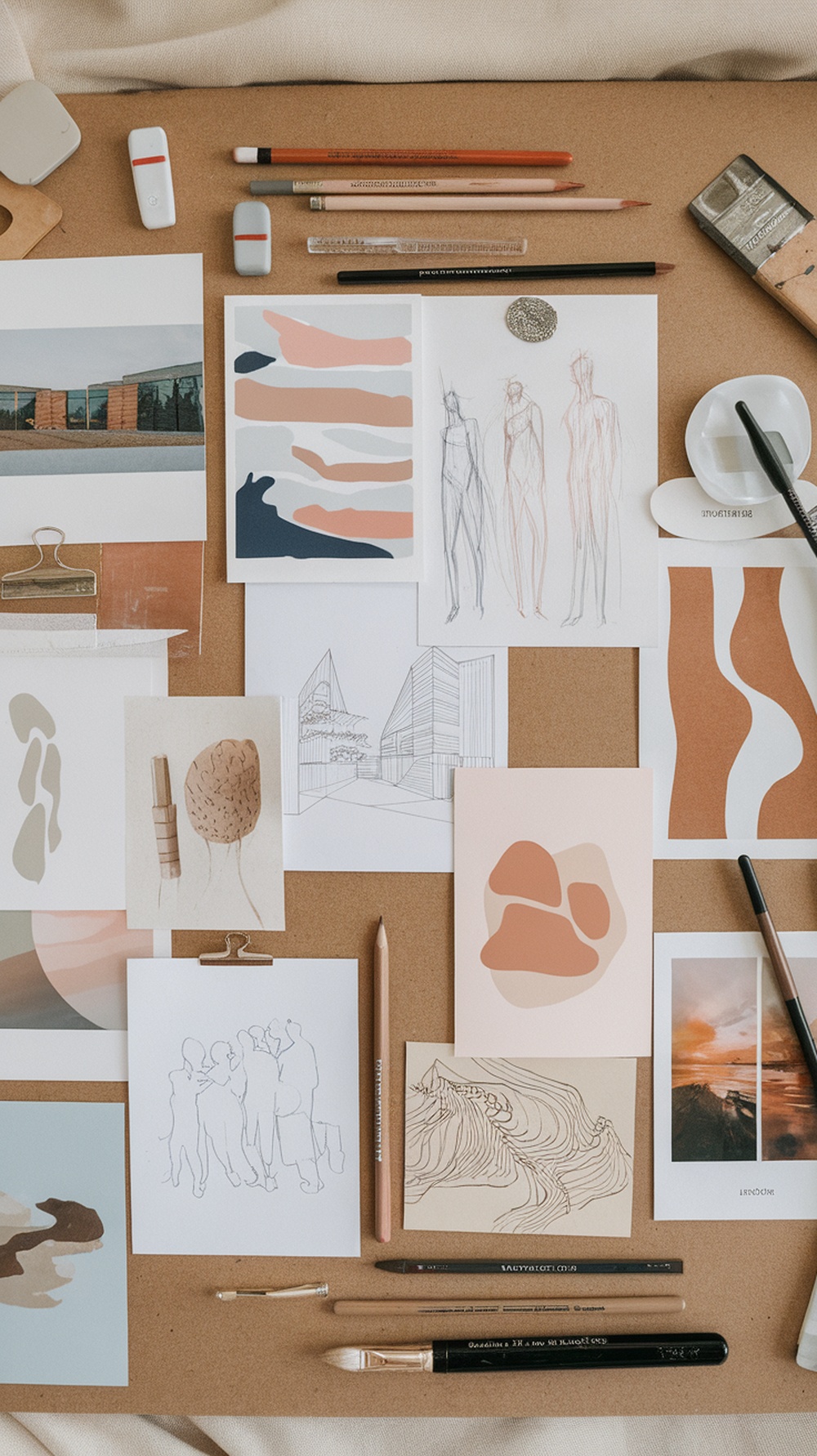 A creative workspace with art supplies, sketches, and photographs laid out on a table.