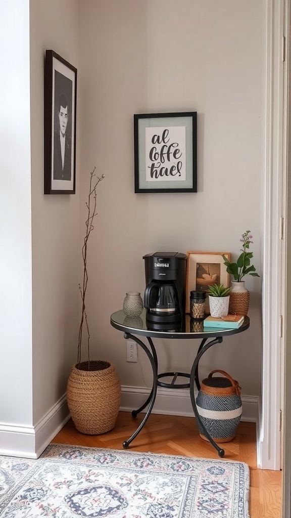 A cozy coffee station in a corner with a round table, coffee maker, and decorative plants.