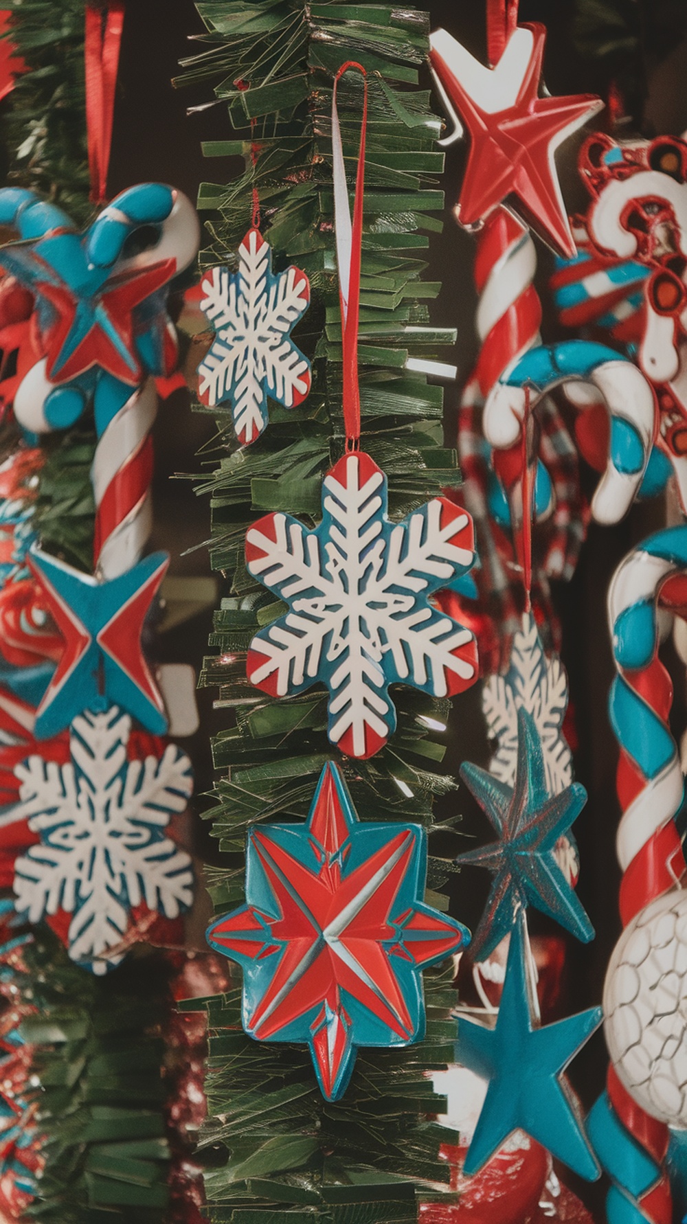 Colorful holiday decorations featuring red, white, and blue ornaments, including snowflakes and stars.