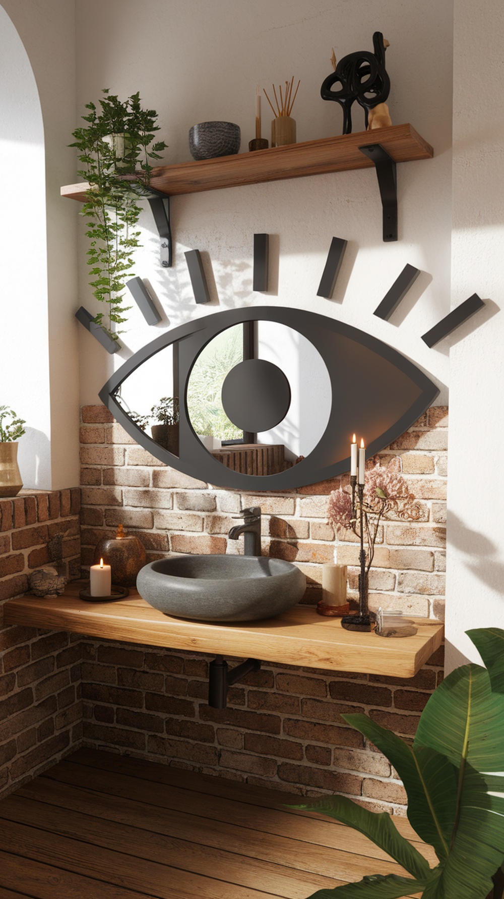 A creative bathroom design featuring an eye-shaped mirror, wooden shelf, and natural elements.