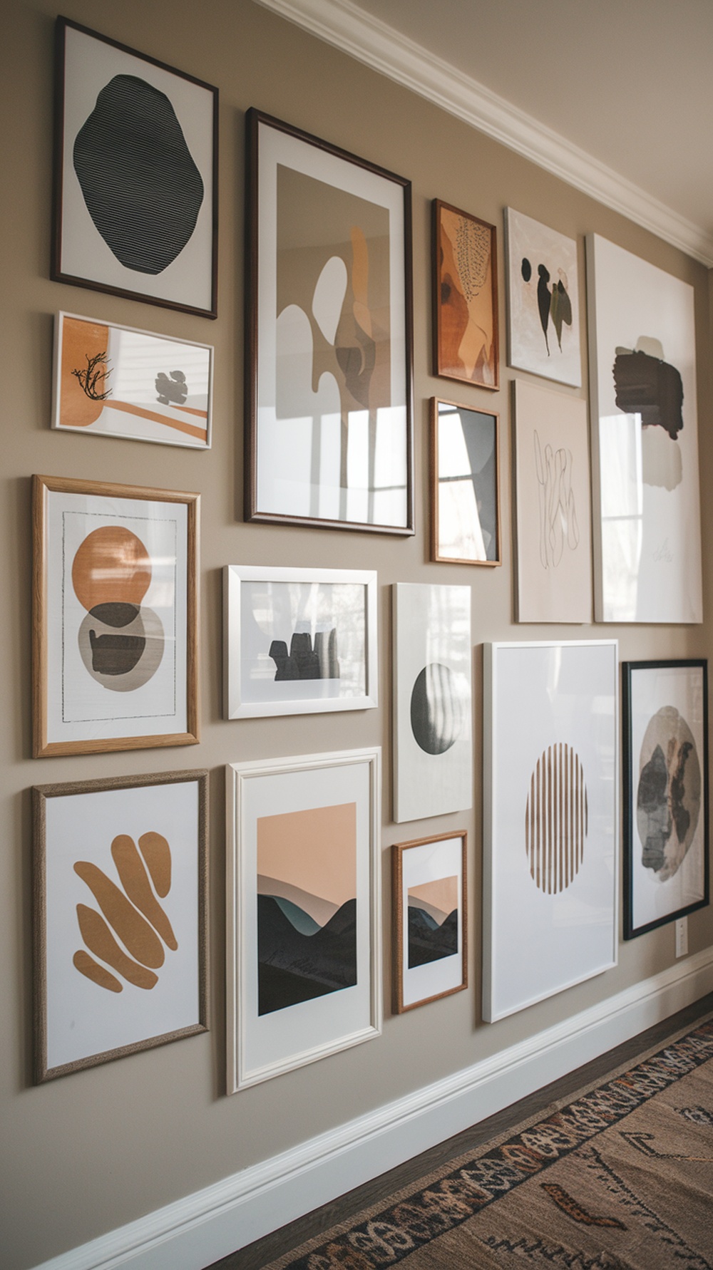 A gallery wall featuring various wall art prints in different frames and styles.