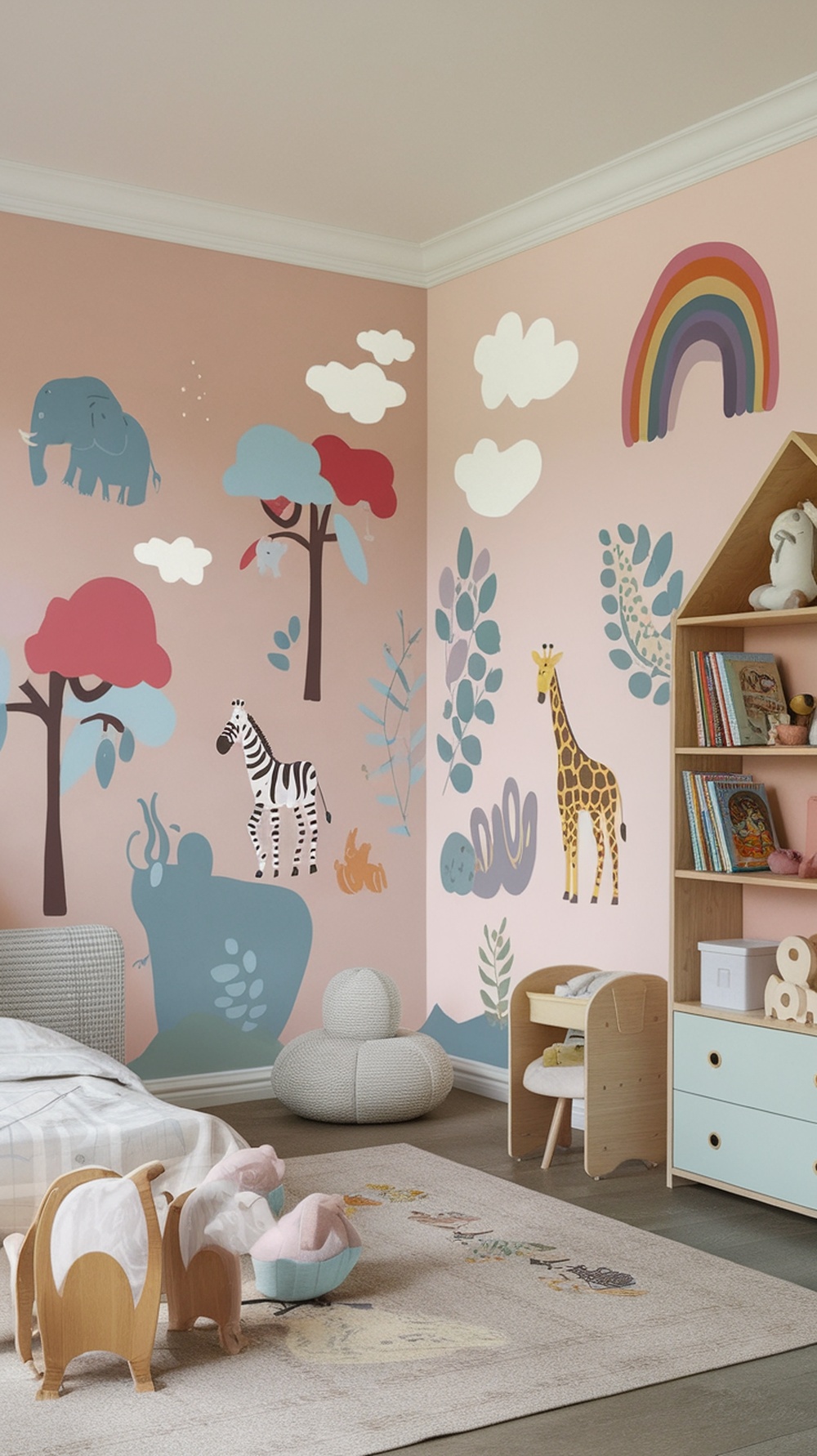 Colorful wall decals featuring animals and trees in a child's room