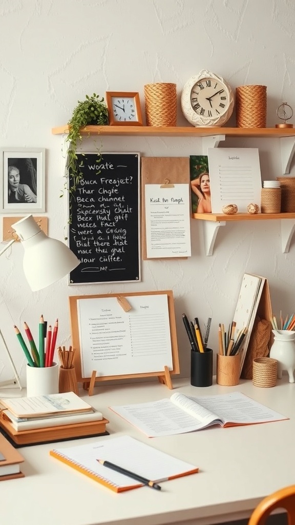 A cozy boho-style office workstation with colorful stationery, plants, and personal photos.