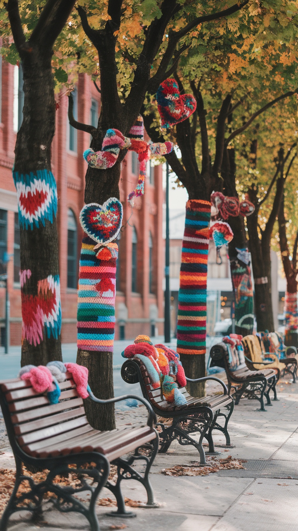 Colorful yarn bombing on trees and benches in an urban setting